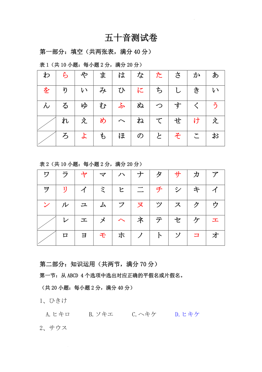 高中日语五十音图测试卷.docx_第1页