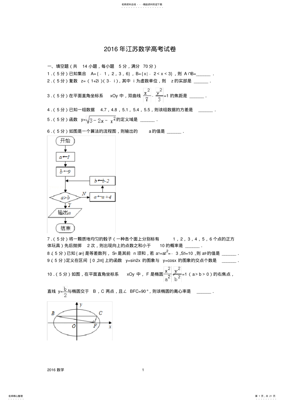 2022年2022年江苏数学高考试卷含答案和解析 .pdf_第1页