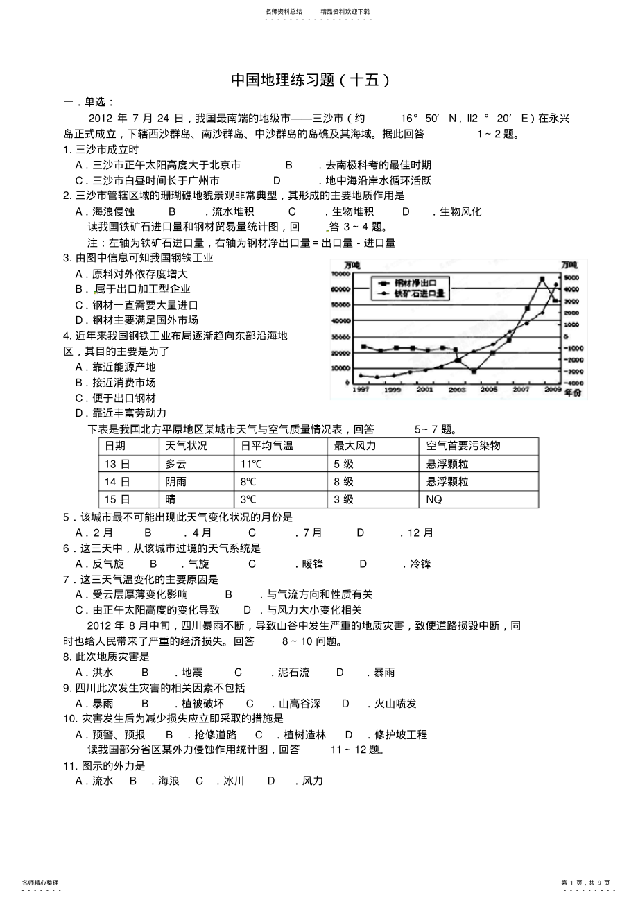 2022年高中地理中国地理练习题十五 .pdf_第1页