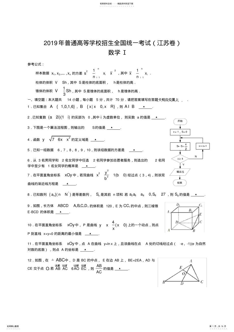 2022年年江苏卷数学高考试题精校版,推荐文档 .pdf_第1页