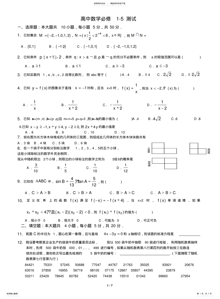 2022年高一数学必修-综合测试题 .pdf_第1页