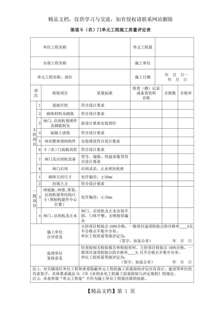渠道斗(农)门单元工程施工质量评定表.doc_第1页