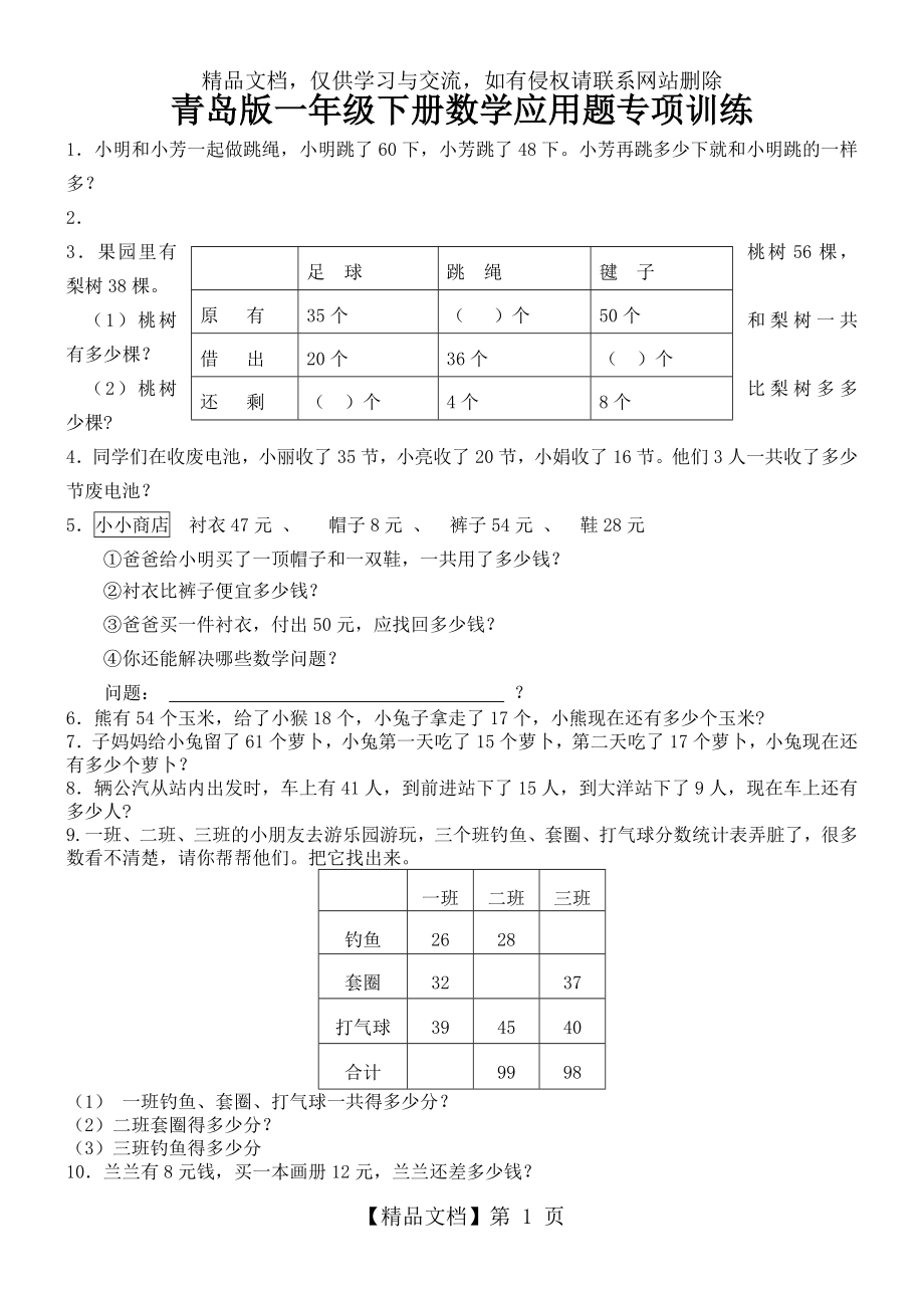 青岛版一年级数学下应用题专项练习.doc_第1页