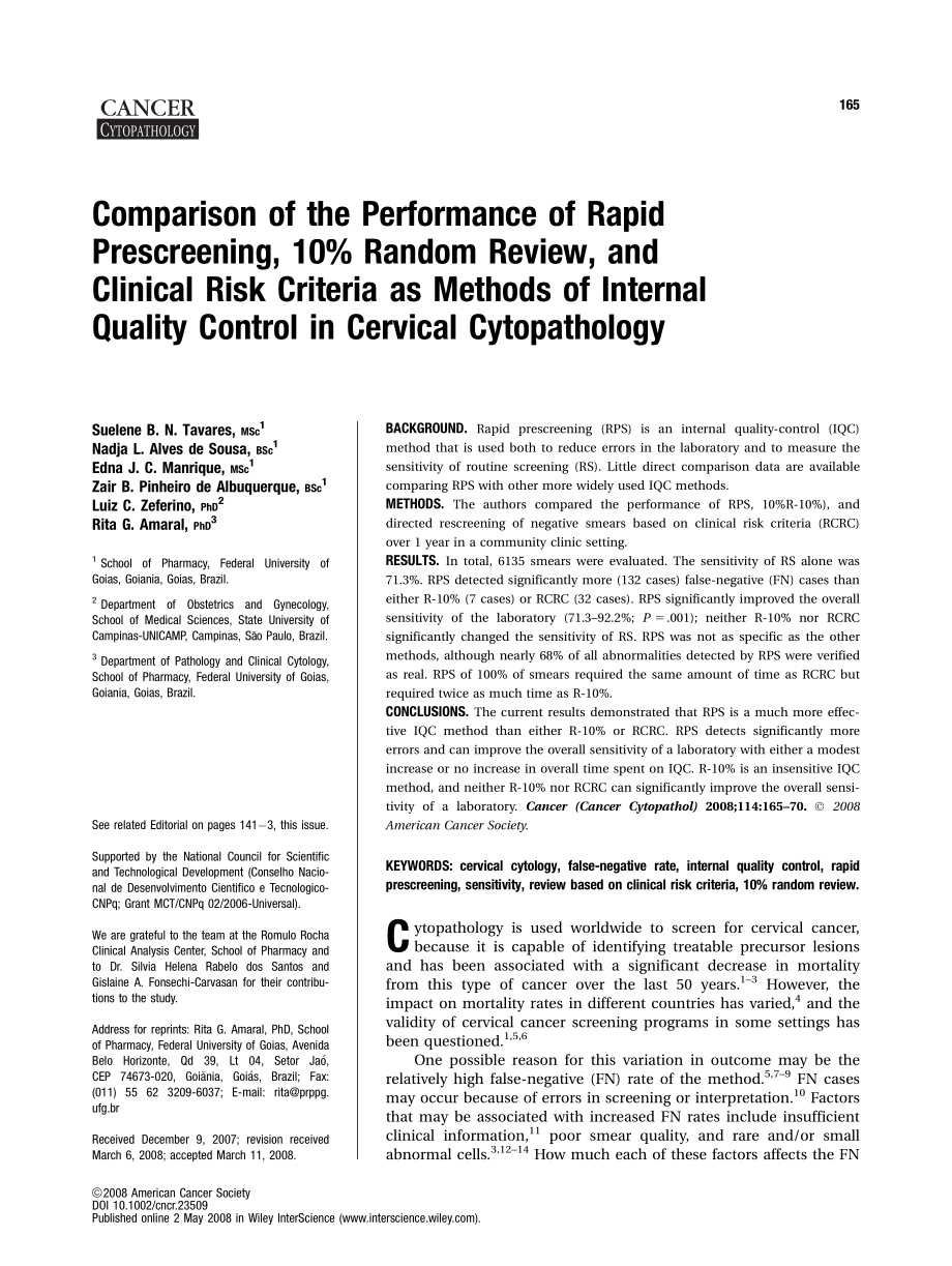 comparison of the performance of rapid prescreening, 10random review, and clinical risk criteria as methods of internal quality control in cervical cytopathology.pdf_第1页