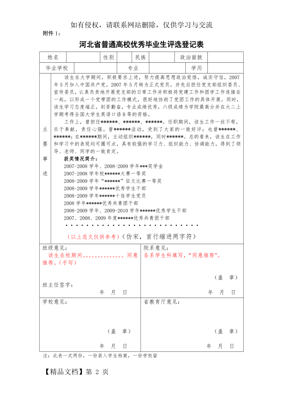 河北省普通高校优秀毕业生评选登记表.doc_第2页