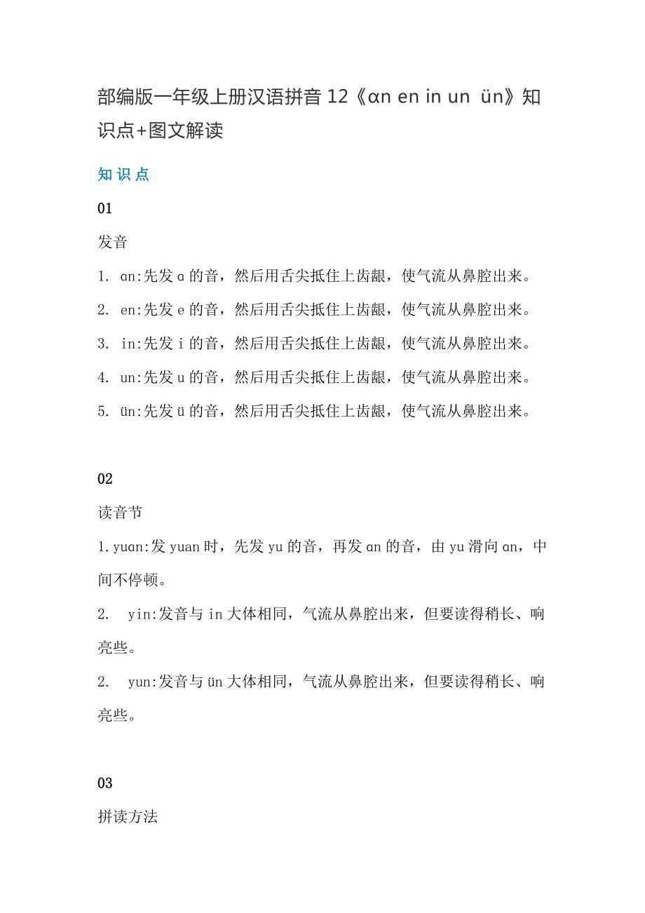 一年级语文上册素材-汉语拼音12《ɑn en in un ün》知识点 图文解读 人教部编版.doc_第1页