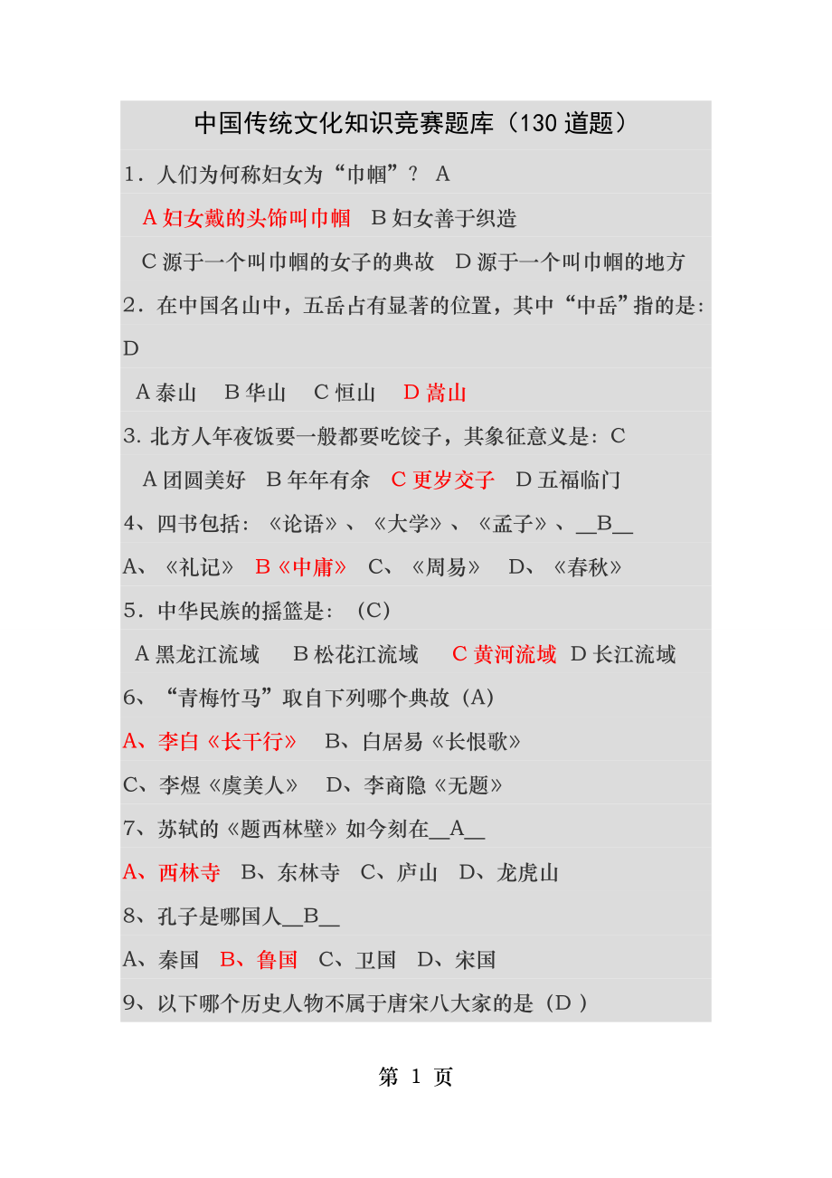 中国传统文化知识竞赛题库.docx_第1页
