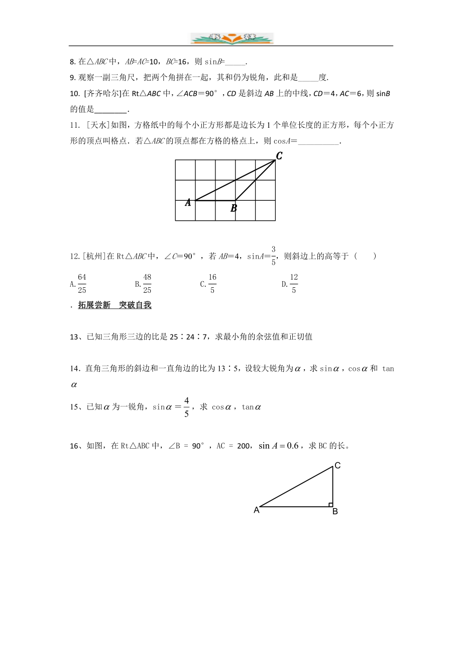 北师大版九年级数学下册第一章1.1锐角三角函数同步练习题(共7份).doc_第2页