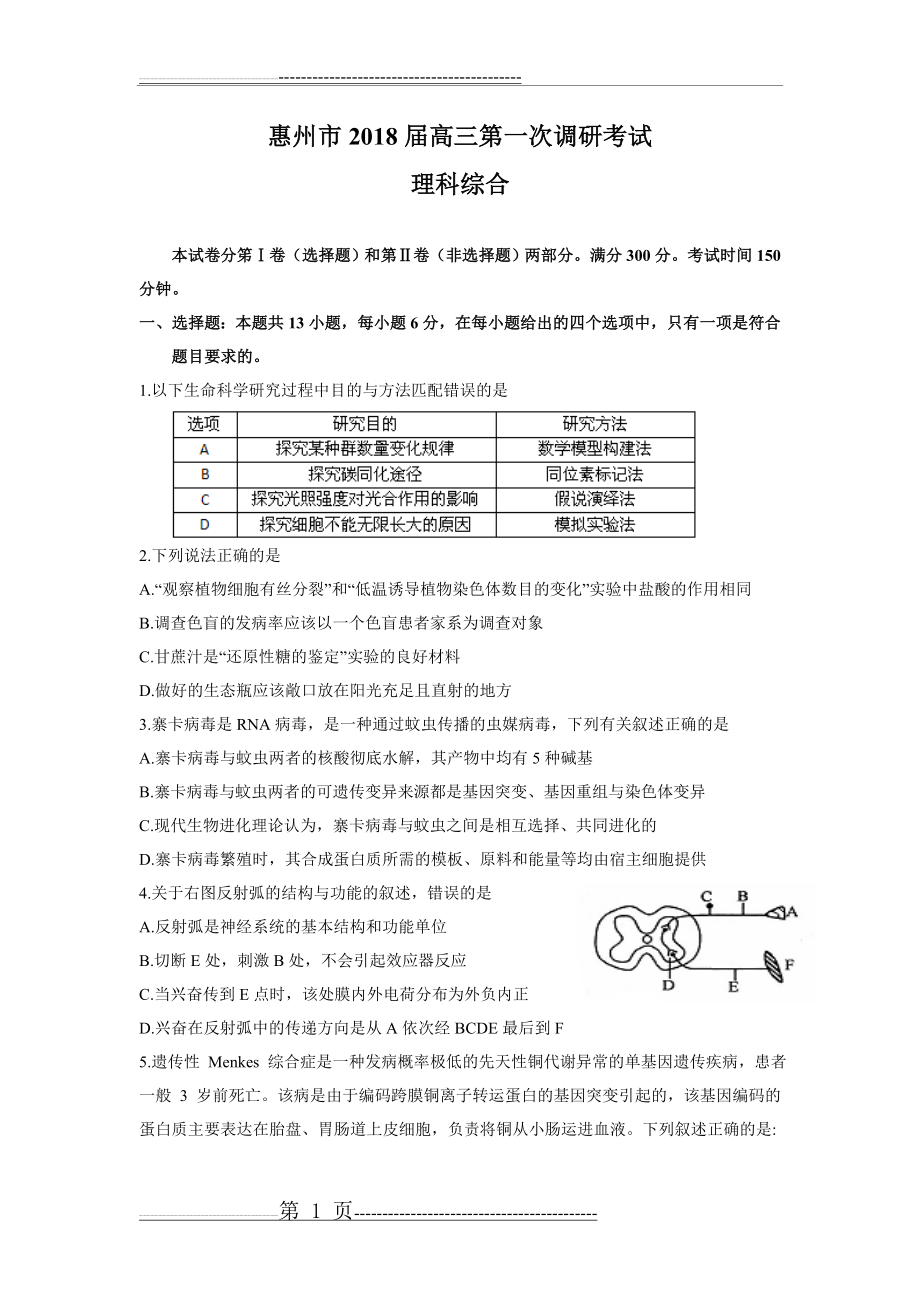 惠州市2018届高三第一次调研考试(理综)(17页).doc_第1页