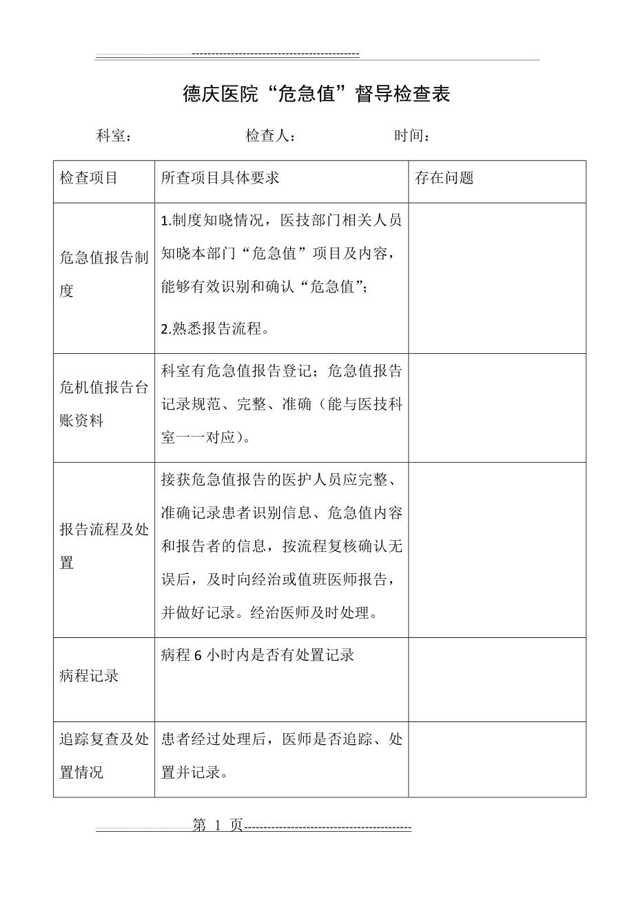 德庆医院“危急值”督导检查表(19页).doc_第1页